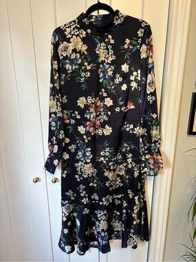 Angel Navy Floral Long-Sleeve Ruffle-Hem Dress